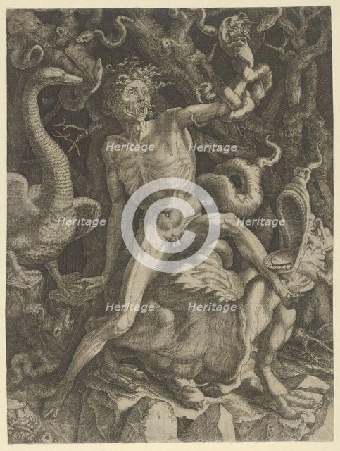 Fury personified as an old man riding a monster, holding a skull in his left hand, c..., ca.1520-39. Creator: Giovanni Jacopo Caraglio.