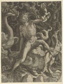 Fury personified as an old man riding a monster, holding a skull in his left hand, c..., ca.1520-39. Creator: Giovanni Jacopo Caraglio