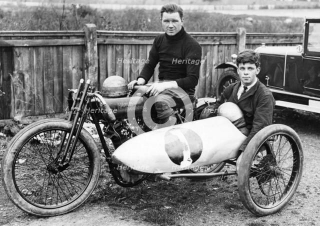 FW Dixon on a Harley-Davidson, with a passenger in the sidecar, 1921. Artist: Unknown