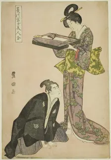Kneeling actor and standing beauty holding a tray of clothes, from the series "Fuji in Sum..., 1801. Creator: Utagawa Toyokuni I