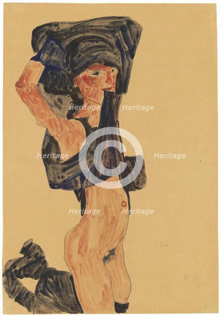 Kneeling Girl Pulling Her Skirt Over Her Head, 1910. Creator: Schiele, Egon (1890-1918).