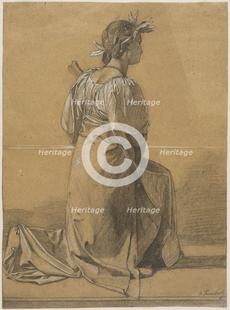 Kneeling Female Figure with Mandolin and Crowned with a Laurel Wreath, between 1857 and 1859. Creator: Anselm Friedrich Feuerbach.