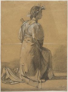 Kneeling Female Figure with Mandolin and Crowned with a Laurel Wreath, between 1857 and 1859. Creator: Anselm Friedrich Feuerbach