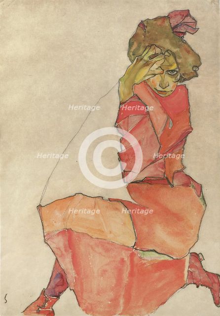 Kneeling Female in Orange-Red Dress, 1910. Artist: Schiele, Egon (1890–1918)