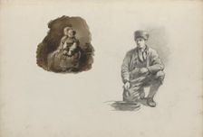 Kneeling man and a mother and daughter in an interior, 1837-1881. Creator: Johannes van Hove