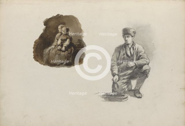 Kneeling man and a mother and daughter in an interior, 1837-1881. Creator: Johannes van Hove.