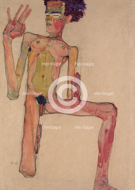 Kneeling Nude with Raised Hands (Self-Portrait).