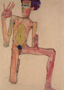 Kneeling Nude with Raised Hands (Self-Portrait)