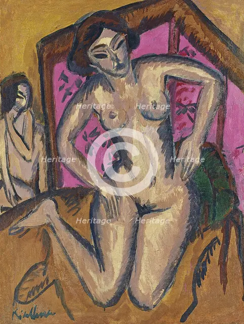 Kneeling Nude in front of Red Screen, ca 1911-1912. Artist: Kirchner, Ernst Ludwig (1880-1938)