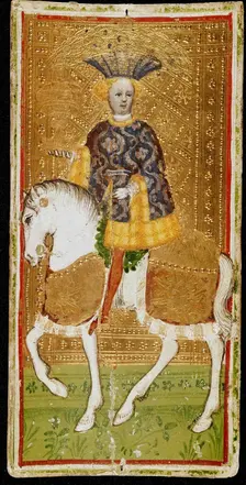 Knight of Cups. Tarot card, 1441-1444. Creator: Bembo, Bonifacio (c. 1420-c. 1480)