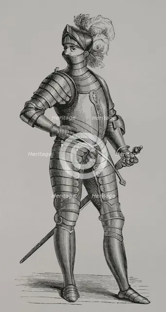 Knight in armour, 1590, (1877). Engraving from a design by Cesare Vecellio (c1521-c1601). Creator: Unknown.