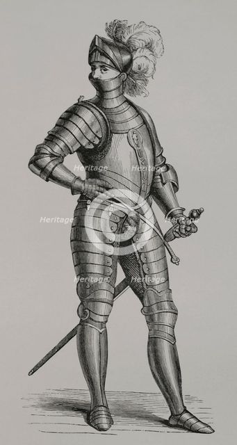 Knight in armour, 1590, (1877). Engraving from a design by Cesare Vecellio (c1521-c1601). Creator: Unknown.