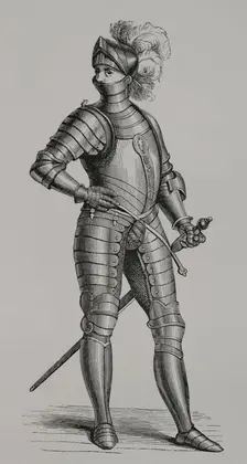 Knight in armour, 1590, (1877). Engraving from a design by Cesare Vecellio (c1521-c1601). Creator: Unknown