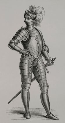 Knight in armour, 1590, (1877). Engraving from a design by Cesare Vecellio (c1521-c1601). Creator: Unknown