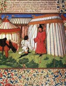 Knight kneeling before the tent of honor, Miniature in Roman de la Rose illuminated manuscript…