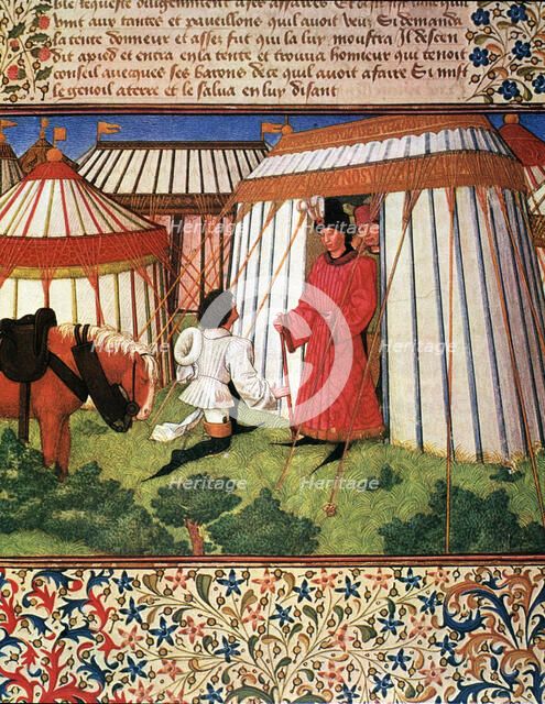 Knight kneeling before the tent of honor, Miniature in 'Roman de la Rose', illuminated manuscript…