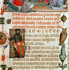 Knight with coat of arms and other heraldic elements, detail of a miniature in the Llibre dels U…
