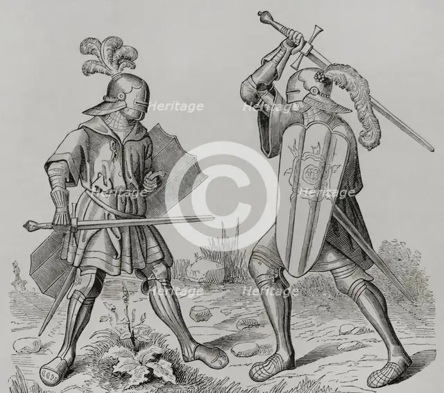 Knights wearing full armour, late 15th century (1877).  Creator: Unknown.
