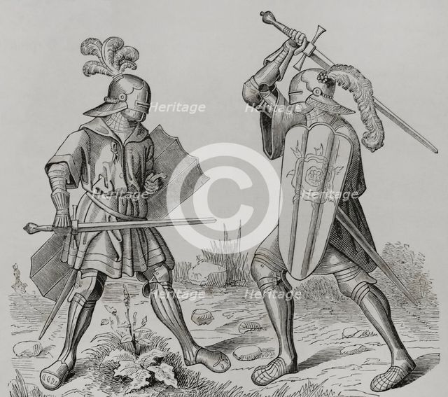 Knights wearing full armour, late 15th century (1877).  Creator: Unknown.