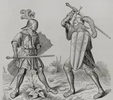 Knights wearing full armour, late 15th century (1877). Creator: Unknown