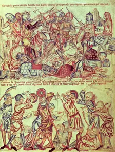 Knights and foot soldiers engaged in battle, c1320-1330. Creator: Unknown