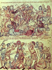 Knights and foot soldiers engaged in battle, c1320-1330. Creator: Unknown