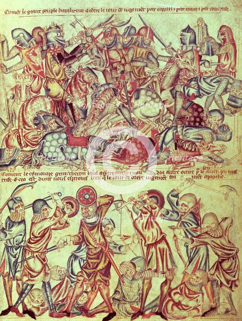 Knights and foot soldiers engaged in battle, c1320-1330.  Creator: Unknown.