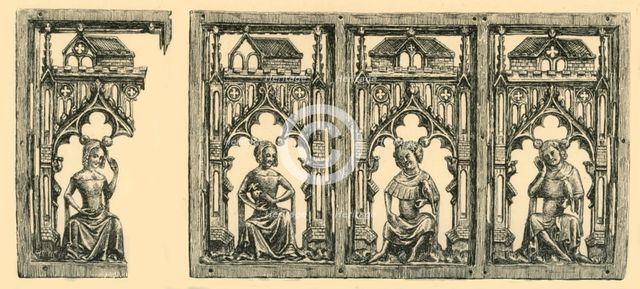 Knights and Ladies Seated under Canopies, pierced ivory panel, mid-late 14th century, (1881).  Creator: Frederick Albert Slocombe.