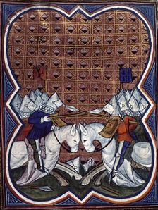 Knights charging, end of the 14th century. Creator: Unknown