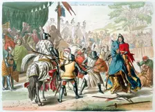 Knights duelling on foot in a tournament, 19th century. Creator: G Lago
