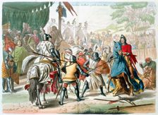 Knights duelling on foot in a tournament, 19th century. Creator: G Lago