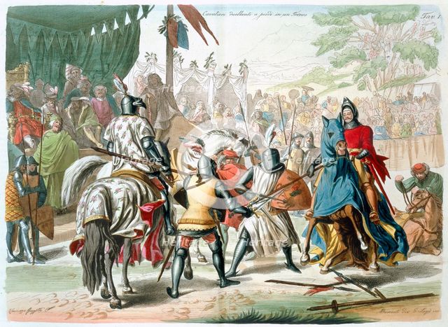 Knights duelling on foot in a tournament, 19th century. Creator: G Lago.