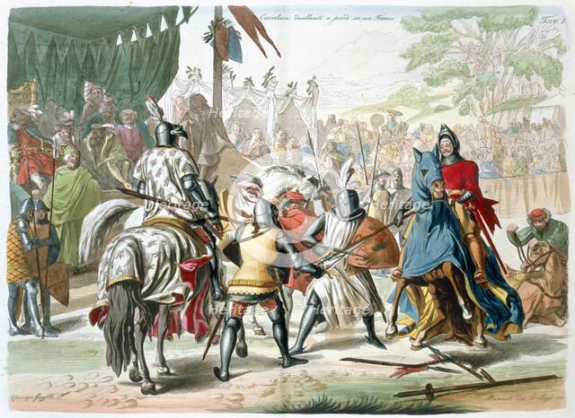 Knights duelling on foot in a tournament, 19th century. Artist: G Lago