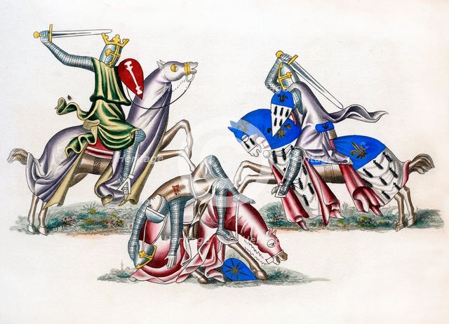 Knights fighting, c1260, (1843).Artist: Henry Shaw