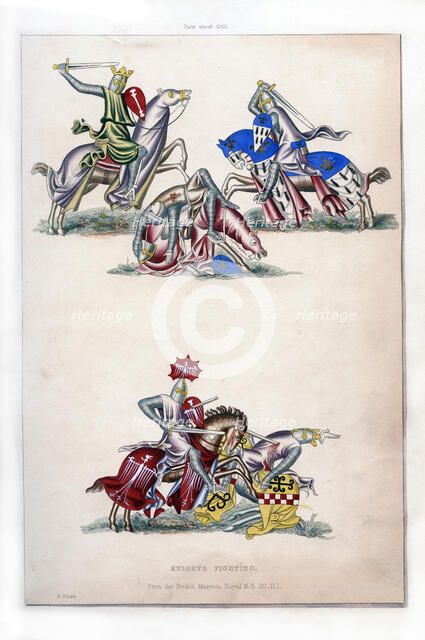 Knights fighting, c1260, (1843).Artist: Henry Shaw