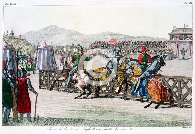 Knights jousting at a tournament, 12th century, (c1815) Artist: Unknown