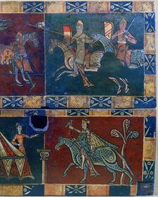 Knights on horseback and king with a falcon, 12th century