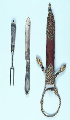 Knife and fork and ornamented cloth sheath, 17th century