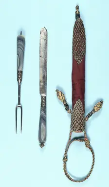 Knife and fork and ornamented cloth sheath, 17th century. Creator: Unknown