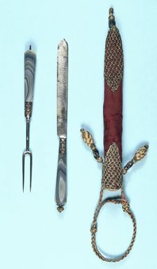 Knife and fork and ornamented cloth sheath, 17th century. Creator: Unknown