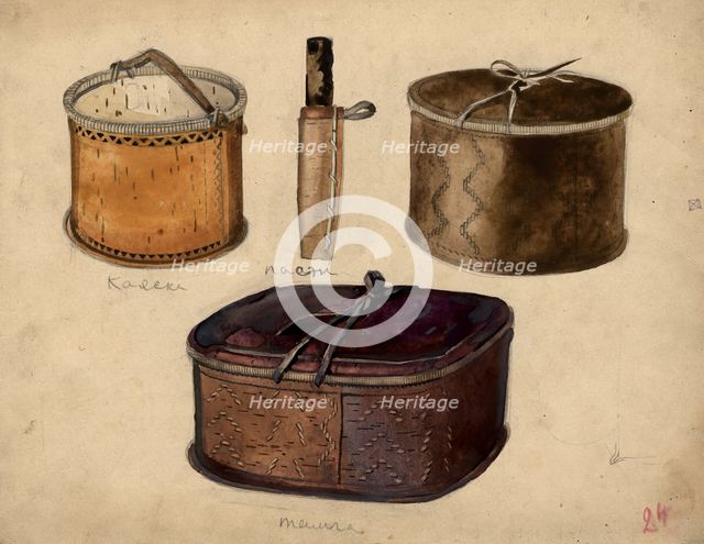 Knife "pa", birch bark bucket "kol" and basket "tamga", Selkups, 1920. Creator: A. G. Vargin.