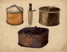 Knife "pa", birch bark bucket "kol" and basket "tamga", Selkups, 1920. Creator: A. G. Vargin