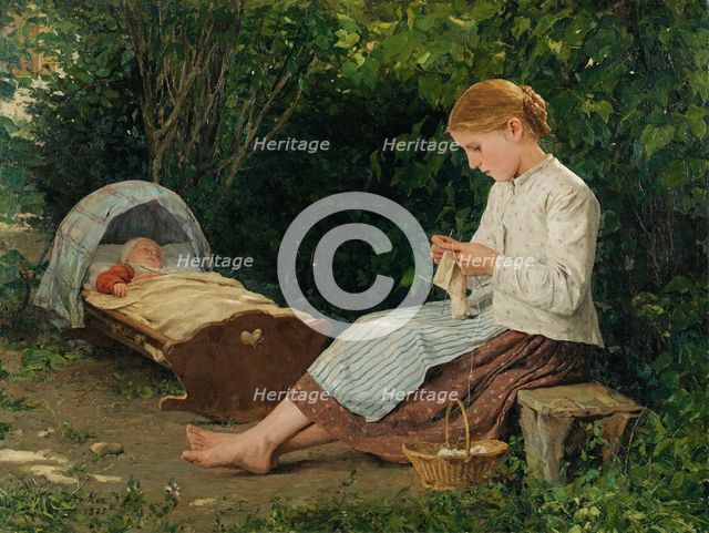Knitting girl watching the toddler in a craddle.