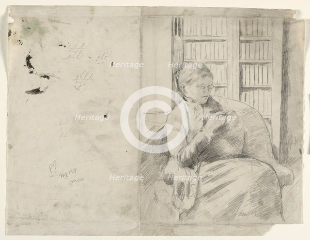 Knitting in the Library (recto), c. 1881. Creator: Mary Cassatt (American, 1844-1926).