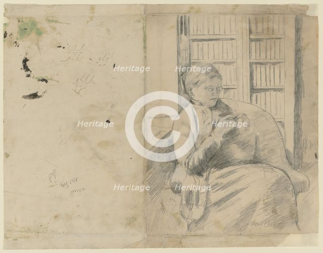 Knitting in the Library (recto); Knitting in the Library (verso), c. 1881. Creator: Mary Cassatt (American, 1844-1926).