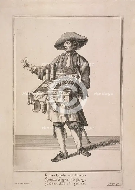 'Knives Combs or Inkhornes', Cries of London, (c1688?). Artist: Pierce Tempest