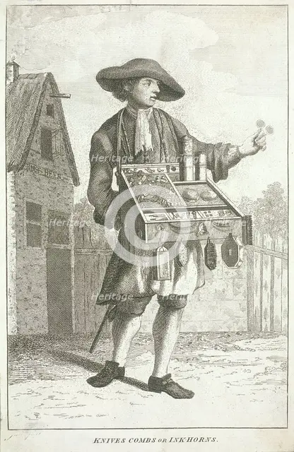 'Knives Combs or Ink-horns', Cries of London, c1750. Artist: JM
