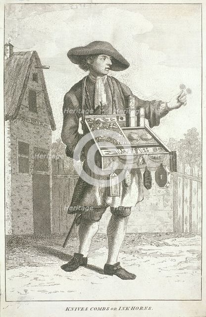 'Knives Combs or Ink-horns', Cries of London, c1750. Artist: JM