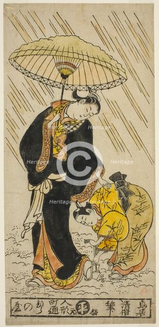 Knocking the snow from a pair of clogs, c. 1730s. Creator: Torii Kiyomasu.