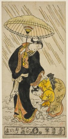 Knocking the snow from a pair of clogs, c. 1730s. Creator: Torii Kiyomasu